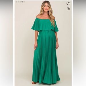 Green Pleated Layered Off Shoulder Maternity Maci Dress
